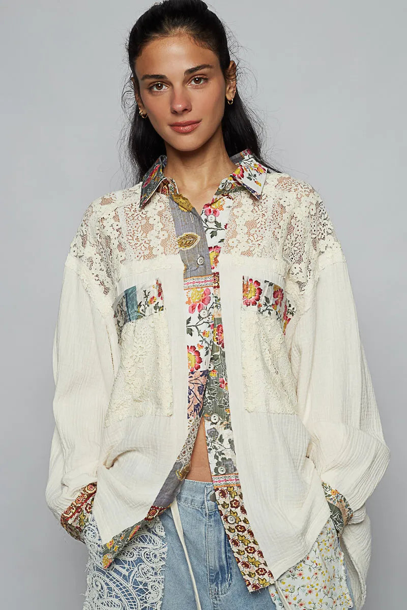 POL Lace Patchwork Floral Trim Long Sleeve Shirt Ivory