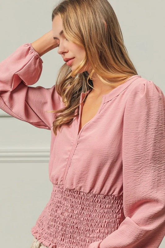 BiBi Smoking Waist Band and Puff Sleeves Deep V Neck Top