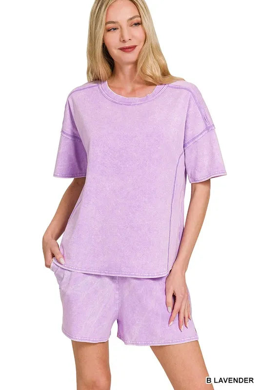 Zenana Acid Washed Short Sleeve Tee & Shorts Set