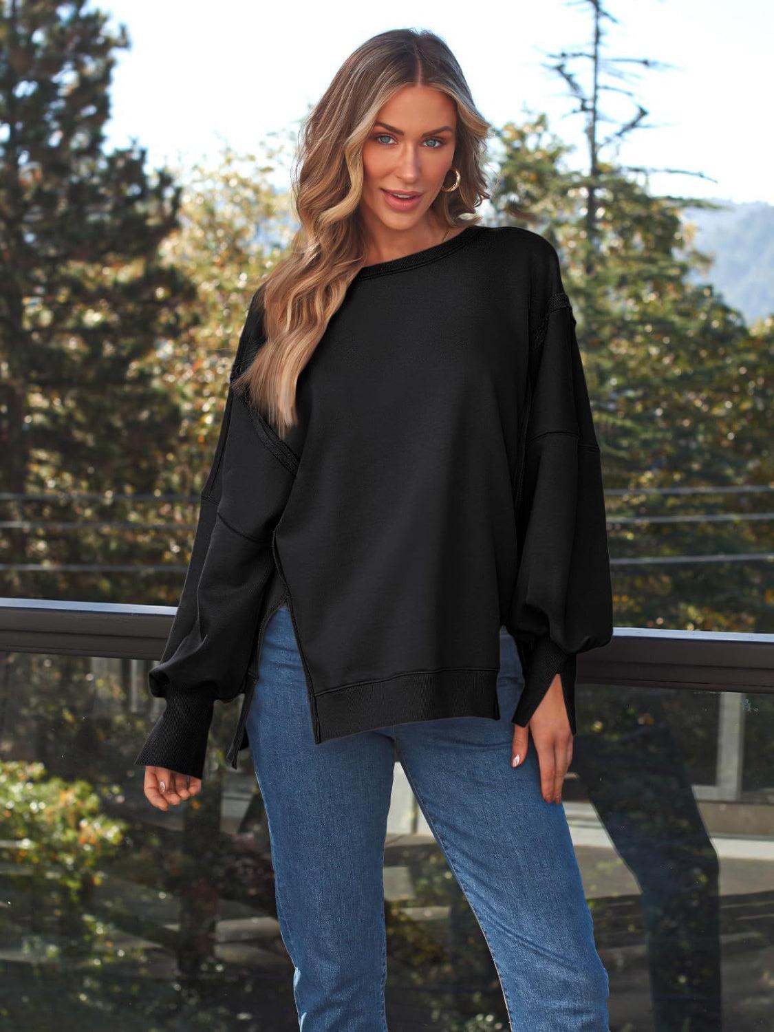 Slit Round Neck Long Sleeve Sweatshirt Black