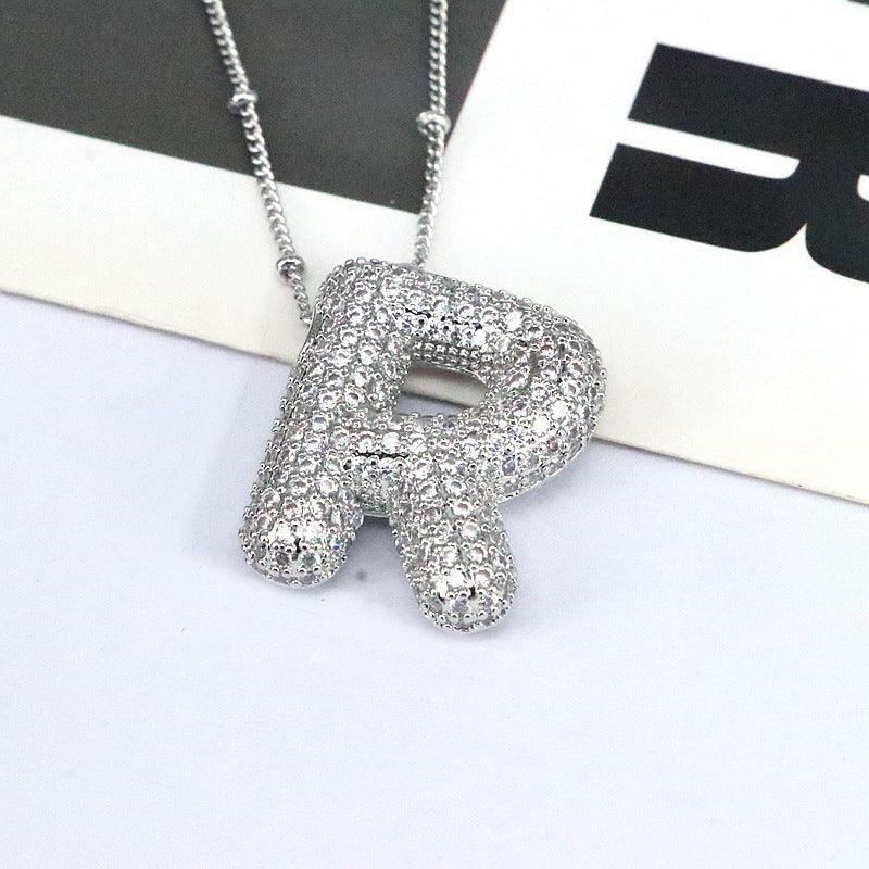 Copper Inlaid Zircon Letter Pendant Necklace Style R One Size
