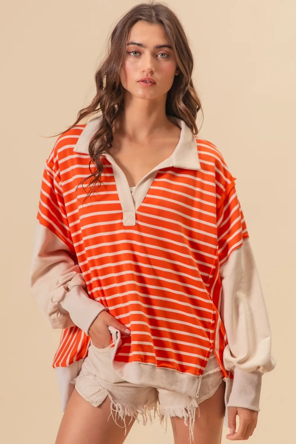 BiBi Stripe Knit Loose Fit Top With Cut Edge Detail