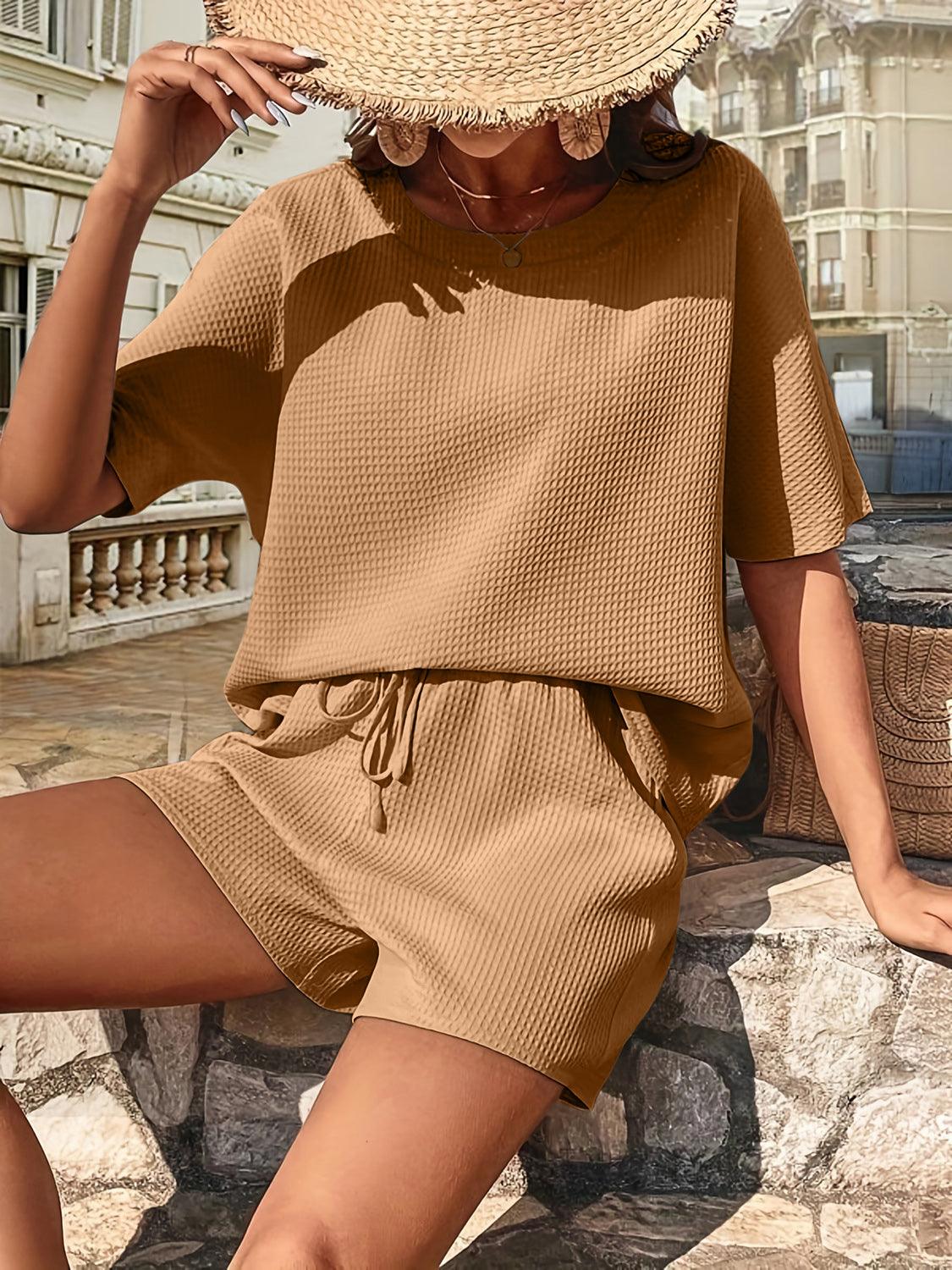 Waffle-Knit Half Sleeve Top and Shorts Set Tan