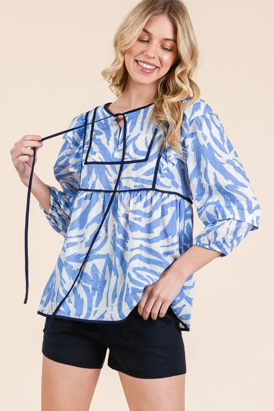 Lime 'N' Chili Graphic Print Solid Trim Quarter Sleeve Blouse
