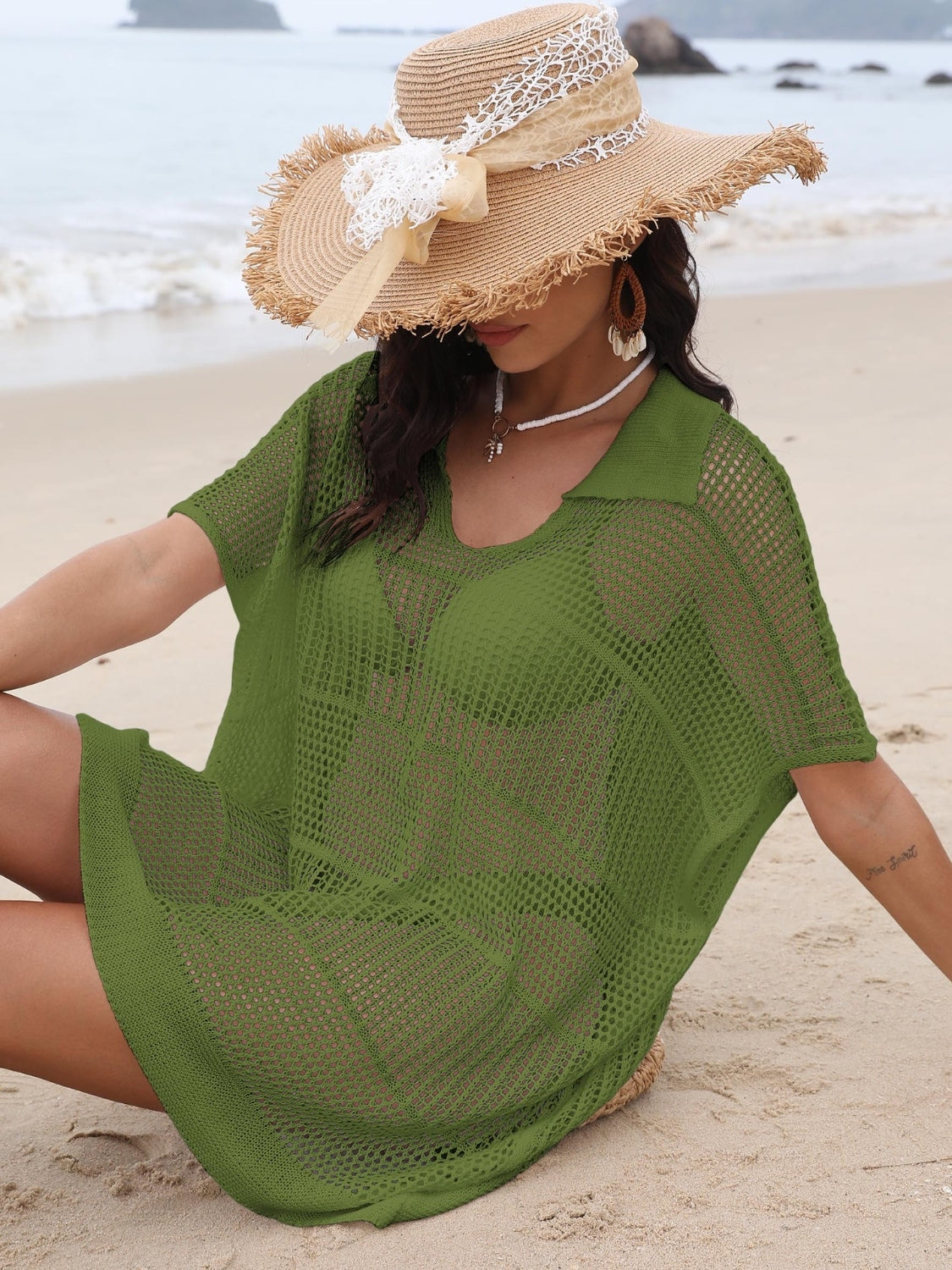 Hollow Out Collared Neck Cover-Up Moss One Size