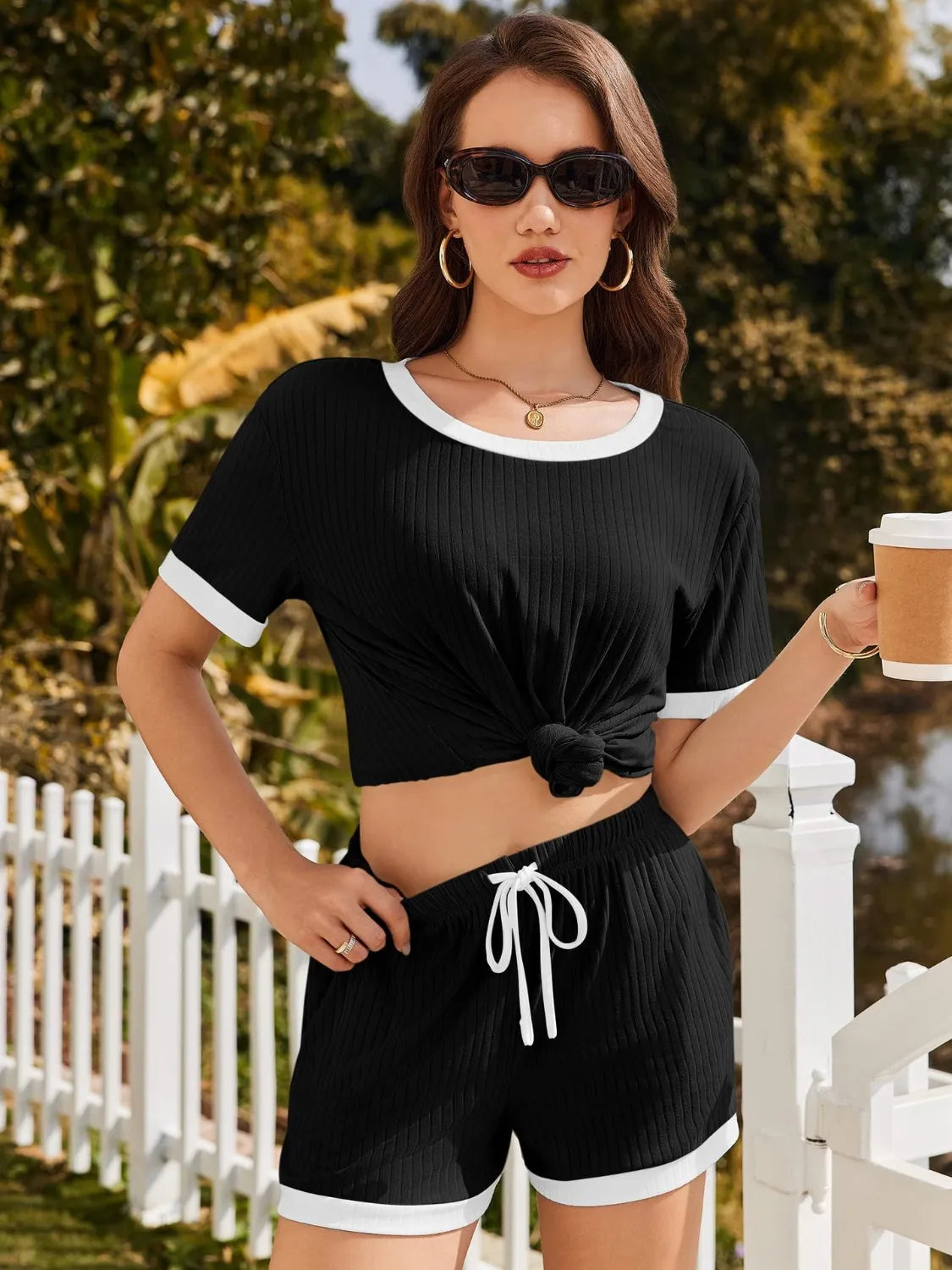 Ribbed Short Sleeve Top and Shorts Set Black