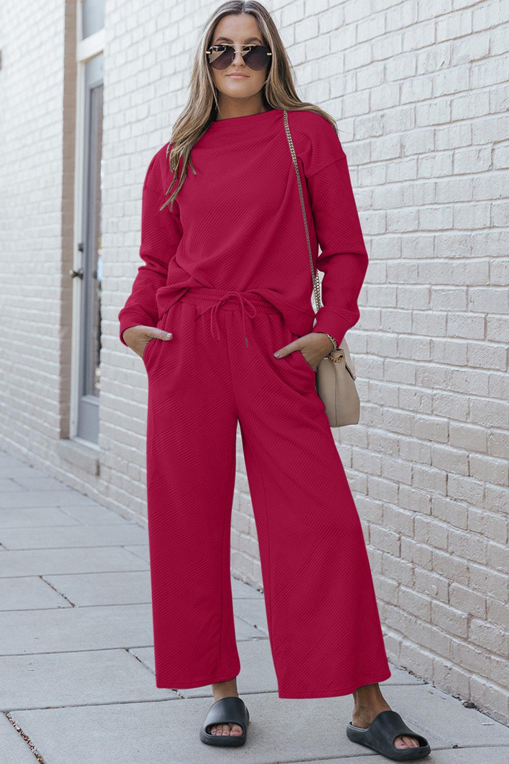 Double Take Full Size Textured Long Sleeve Top and Drawstring Pants Set Hot Pink