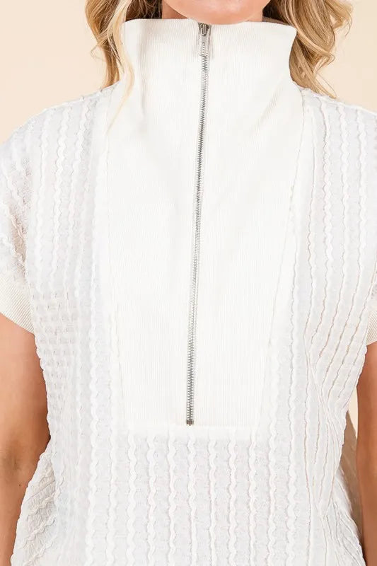 Lime 'N' Chili Textured Half Zip Cap Sleeve Contrast Top