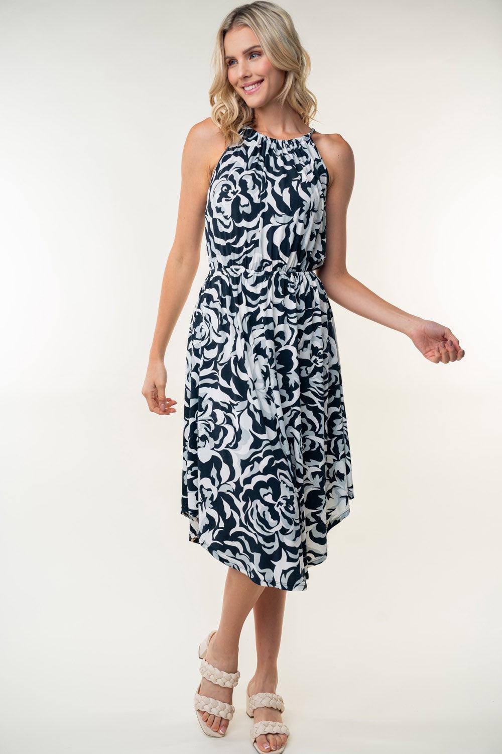 White Birch Tied Ruched Floral Sleeveless Knee Length Dress Black