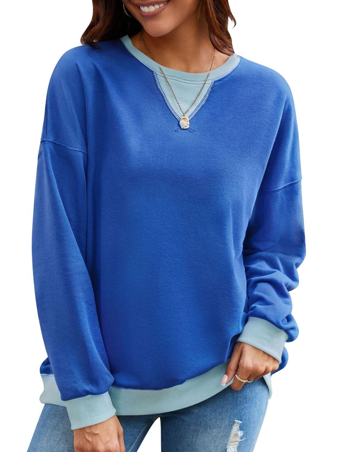 Lovelet Contrast Round Neck Long Sleeve Sweatshirt Navy