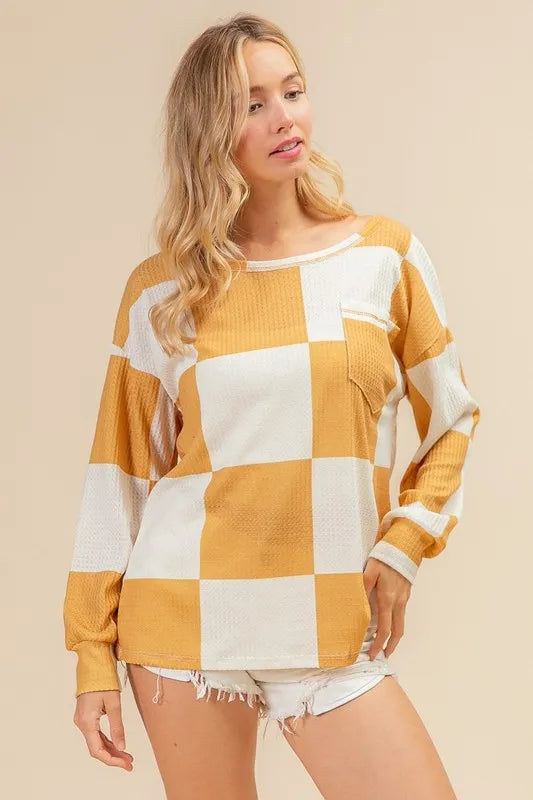 BiBi Checker Printed Hacci Top With Front Pocket