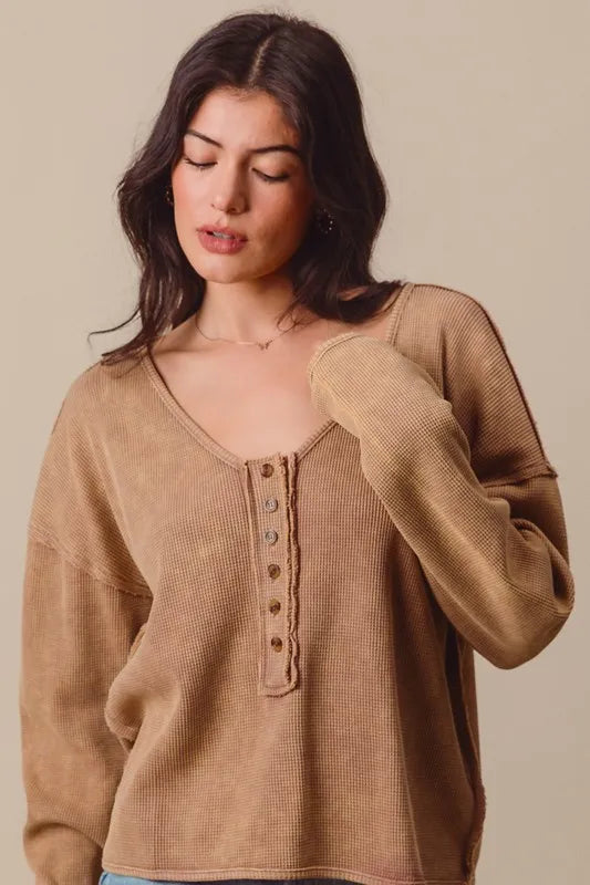 SO ME Frayed Cut Mineral Washed Deep V Neck Waffle Top