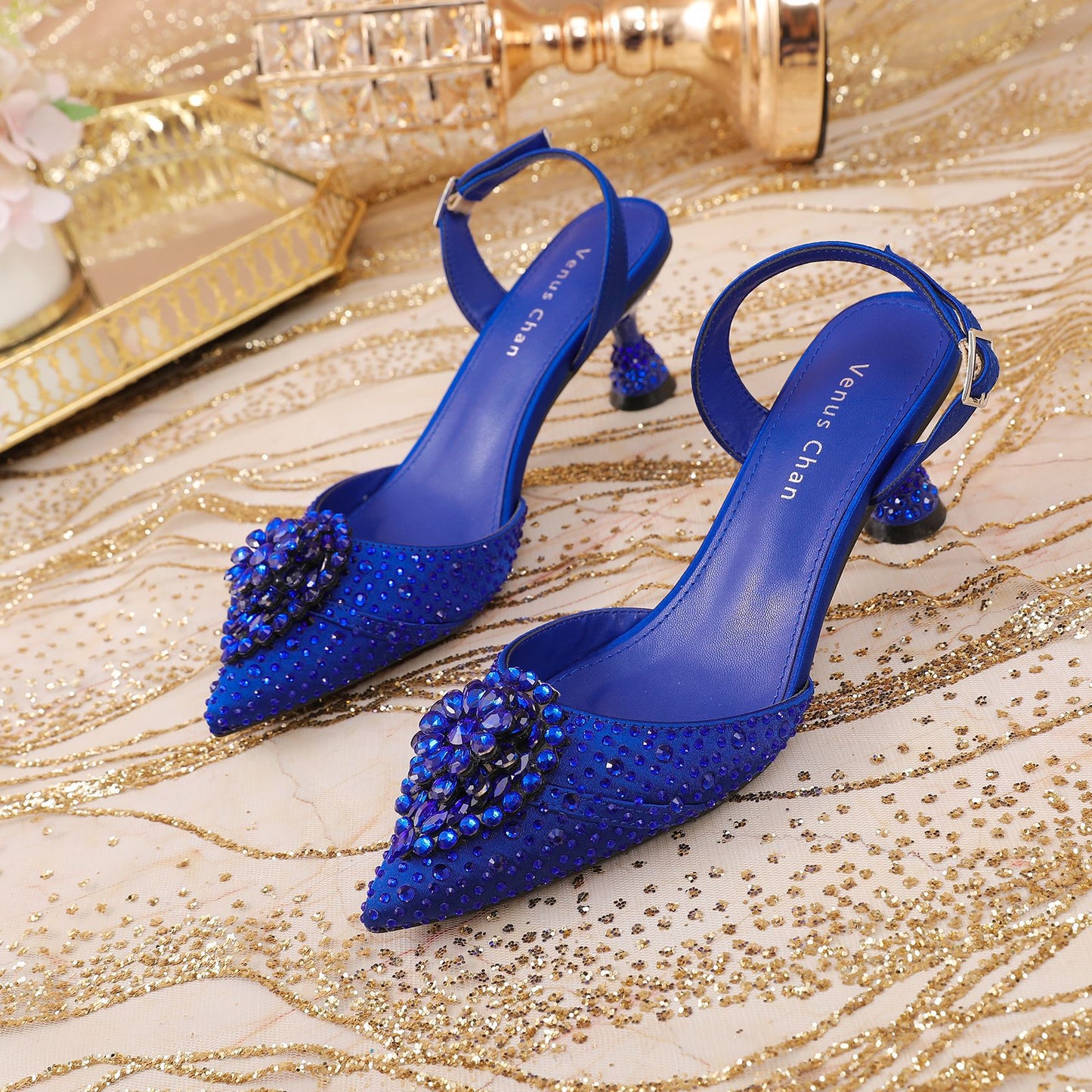 Rhinestone Point Toe Flare Heel Slingback Pumps Blue