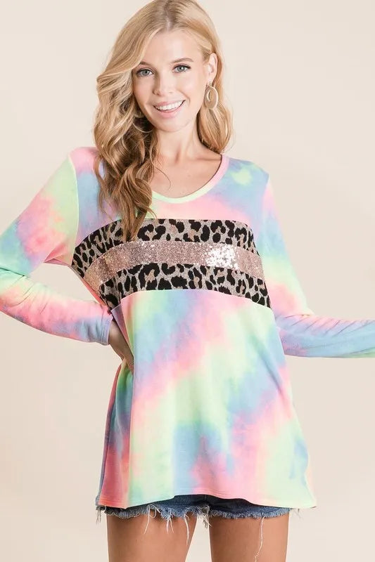 BiBi Tie Dye Deep U-neck Top with Leopard and Sequins