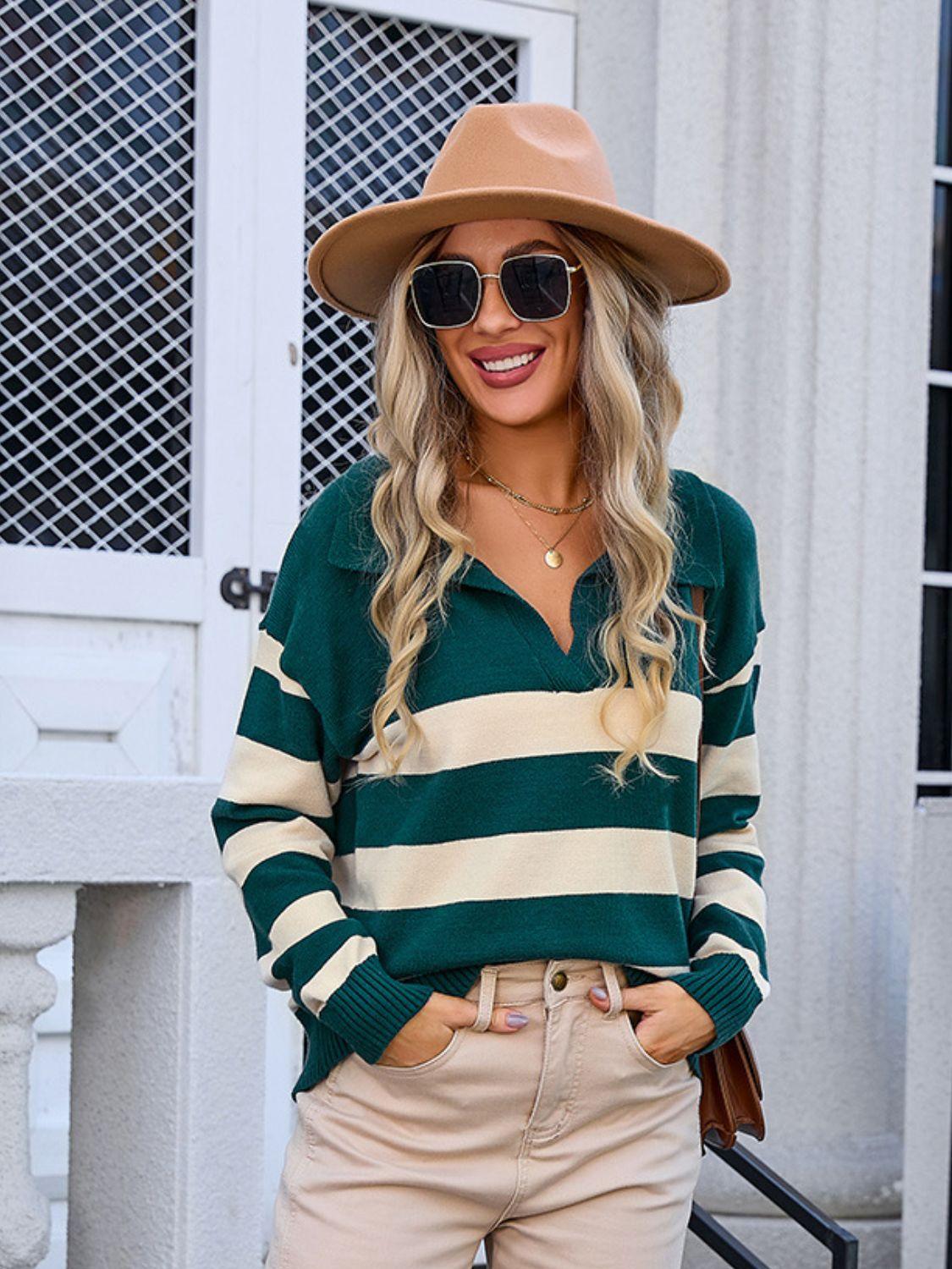 Angel Wings Striped Johnny Collar Knit Top Black Forest