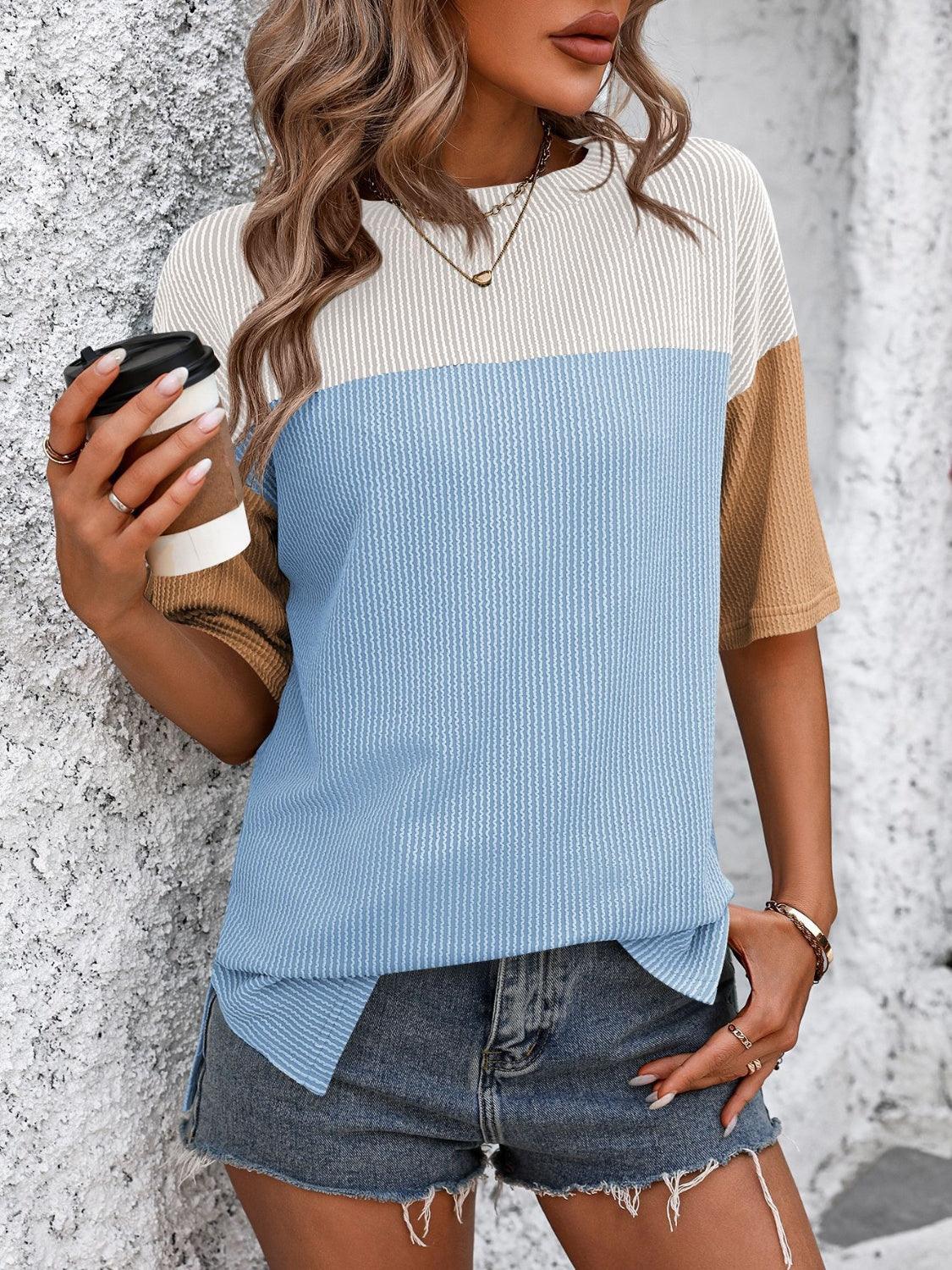 Mandy Color Block Round Neck Half Sleeve T-Shirt White Blue