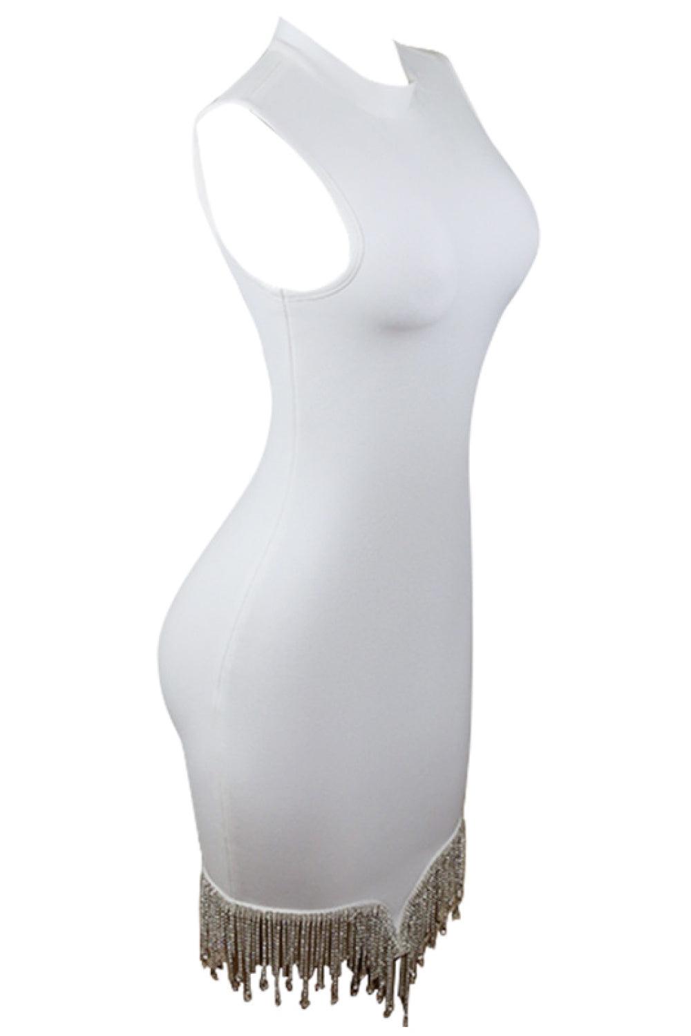 Rhinestone Bodycon Dress with Tassel Hem for Glamorous Style
