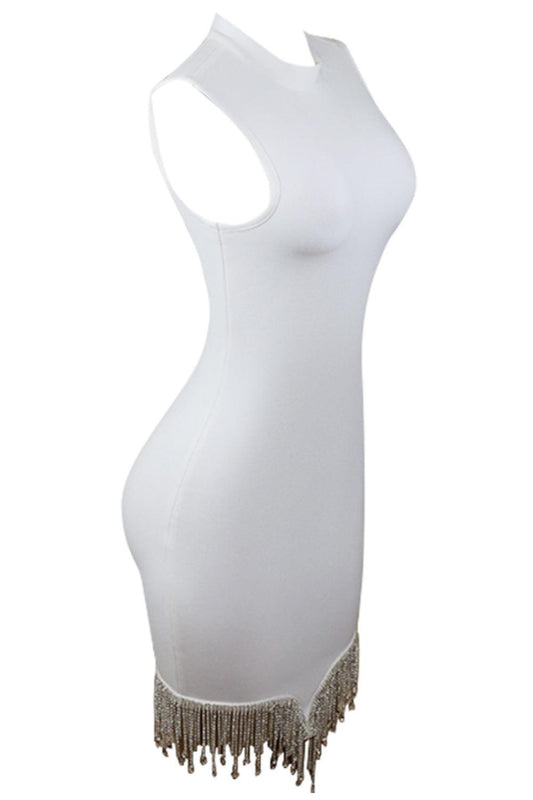 Rhinestone Bodycon Dress with Tassel Hem for Glamorous Style