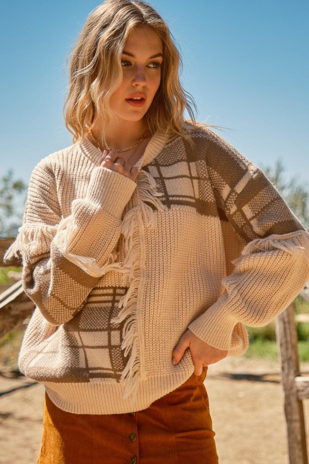 And The Why Plaid Pattern Color Block Fringe Sweater SAND