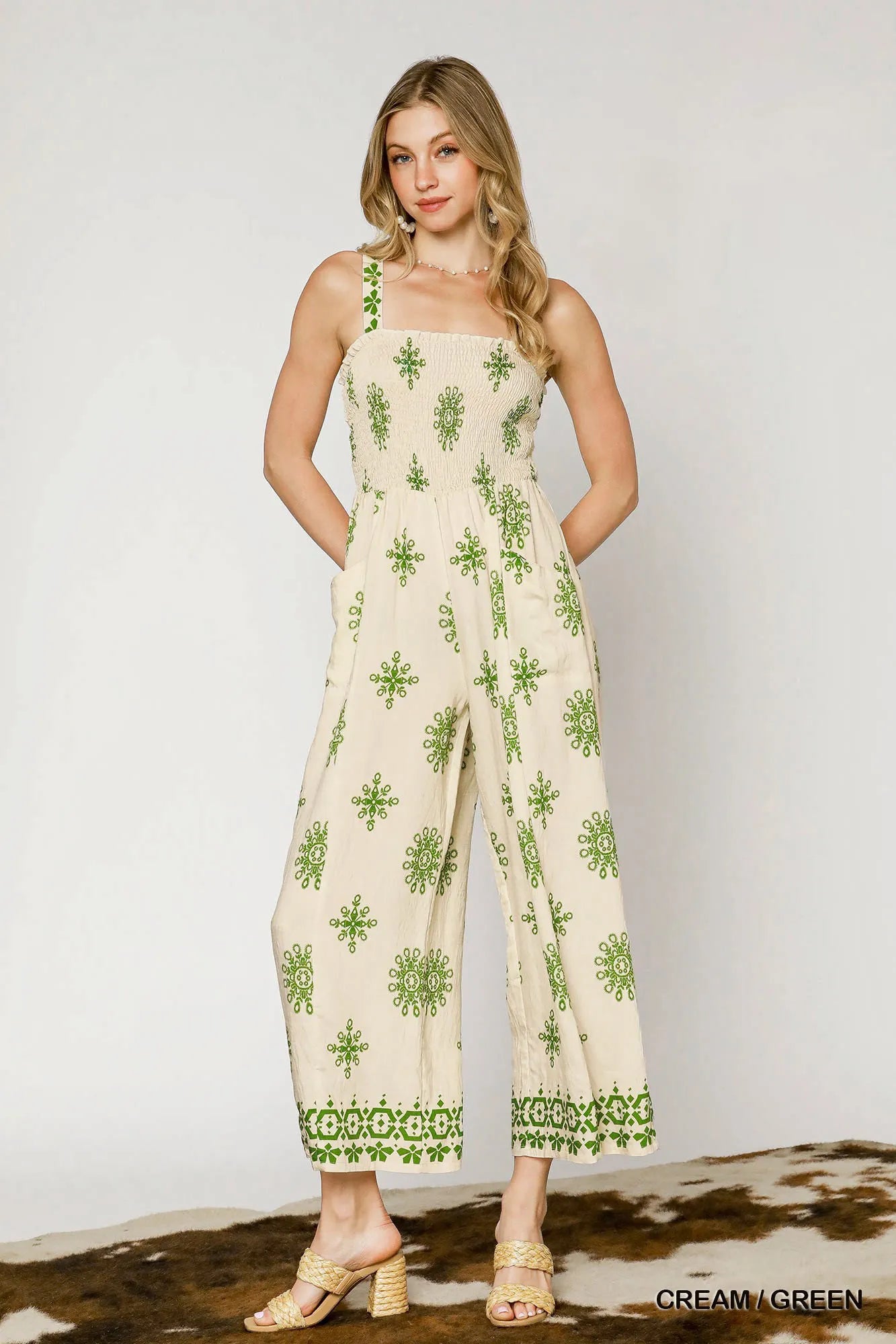 Umgee Smocked Printed Wide Leg Jumpsuit CREAM GREEN