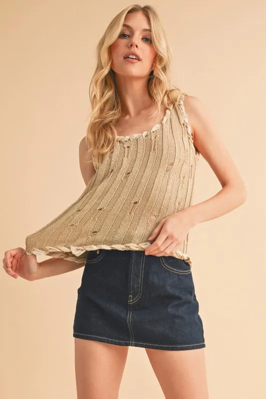 Aemi+Co Distressed Detail Round Neck Knit Tank