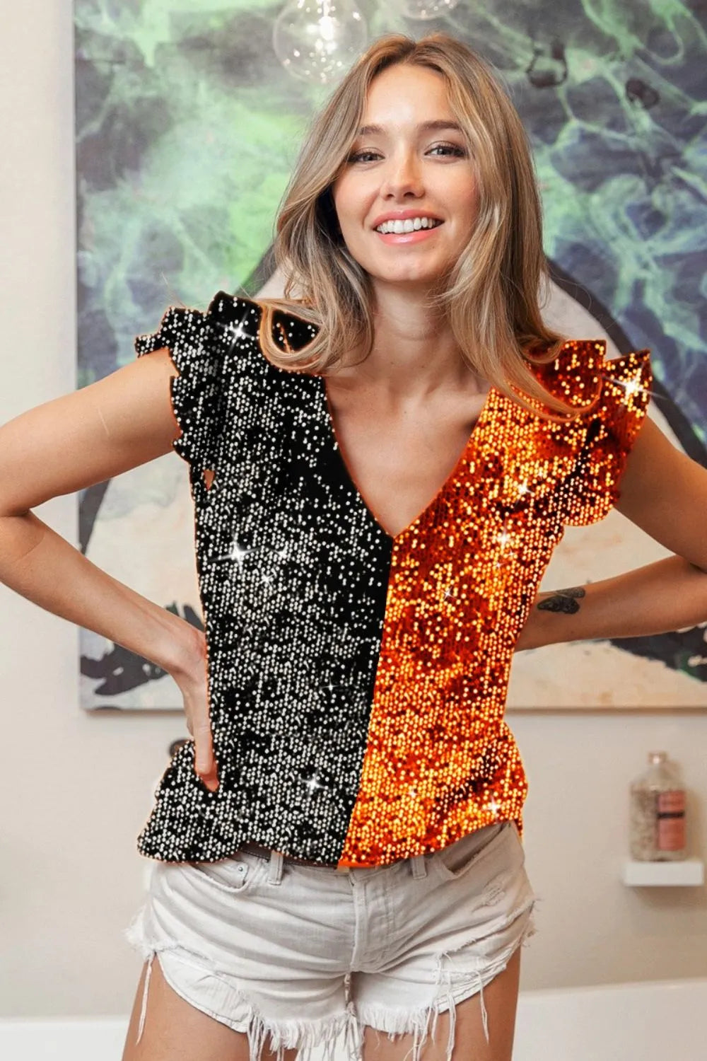 BiBi Game Day Color Block Sequin Ruffled Armhole Top BLACK ORANGE