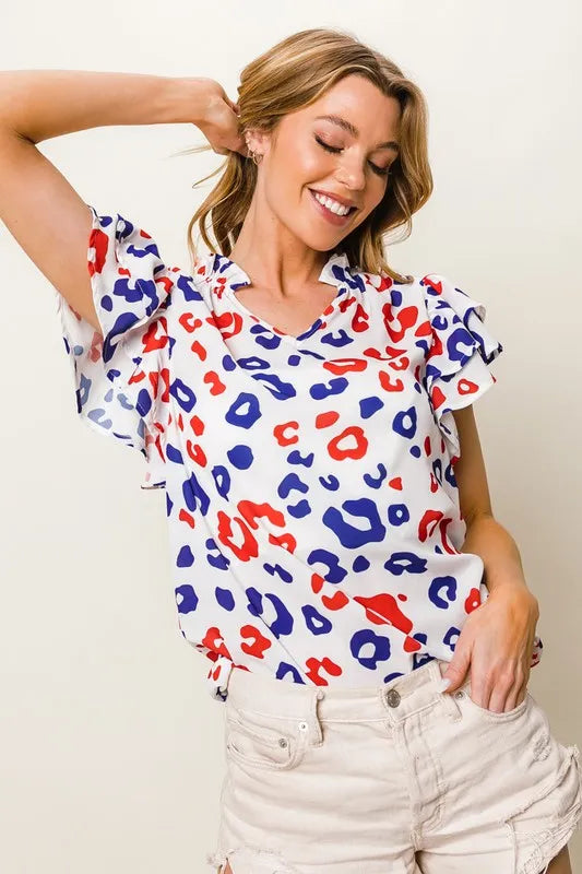 BiBi Leopard Notched Ruffled Cap Sleeve Blouse
