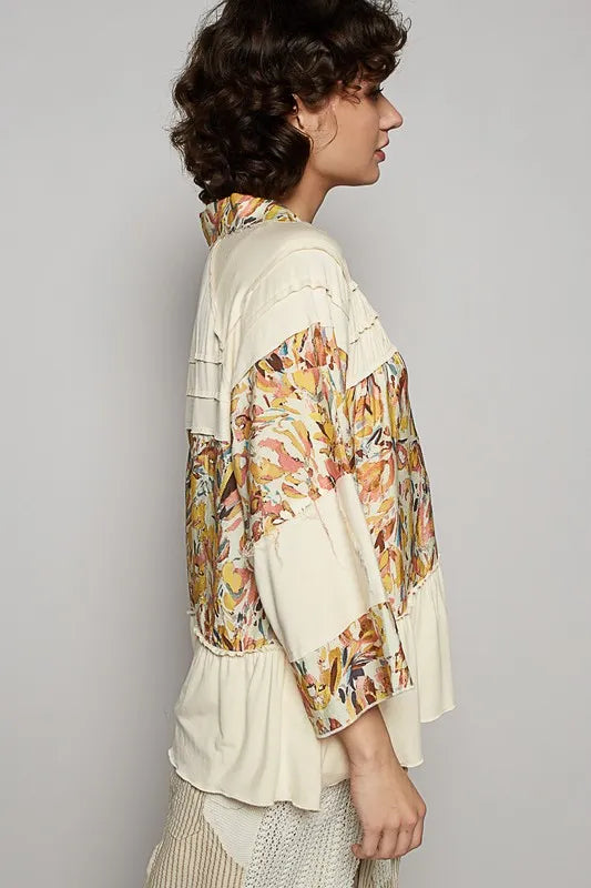 POL Frill Floral Johnny Collar Shirring Raglan Sleeve Shirt