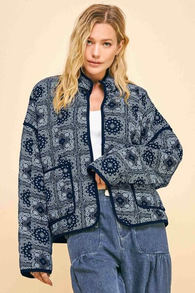 Davi & Dani Vintage Print Open Front Jacket with Pockets Black