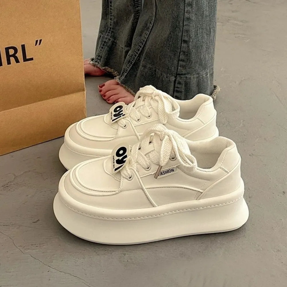 Lace Up Round Toe Platform Sneakers White