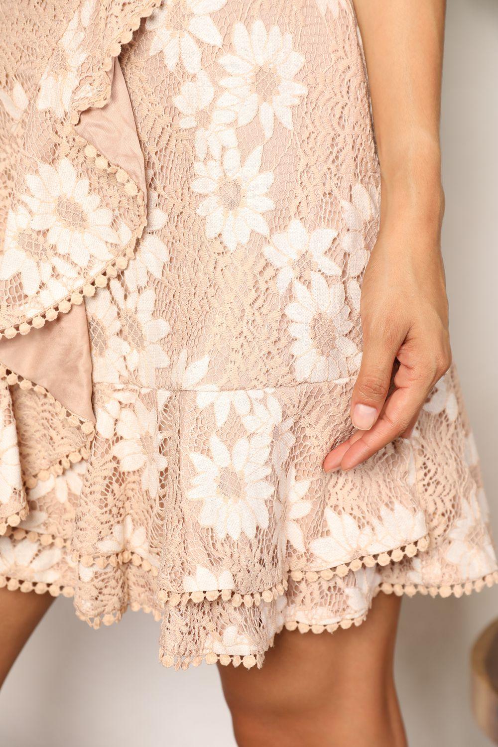 Double Take Floral Lace Tie-Waist Dress with Pompom Detail and Flutter Sleeves for Effortless Elegance