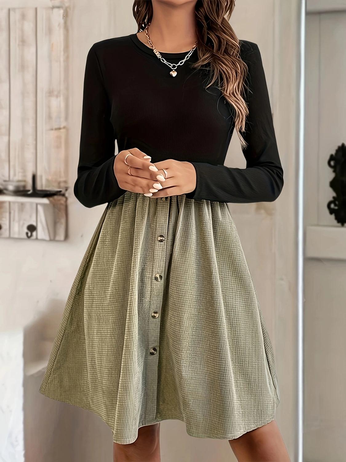 Contrast Round Neck Long Sleeve Dress Black