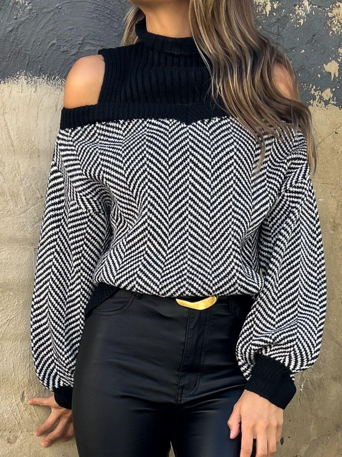 Mock Neck Cold Shoulder Sweater Black
