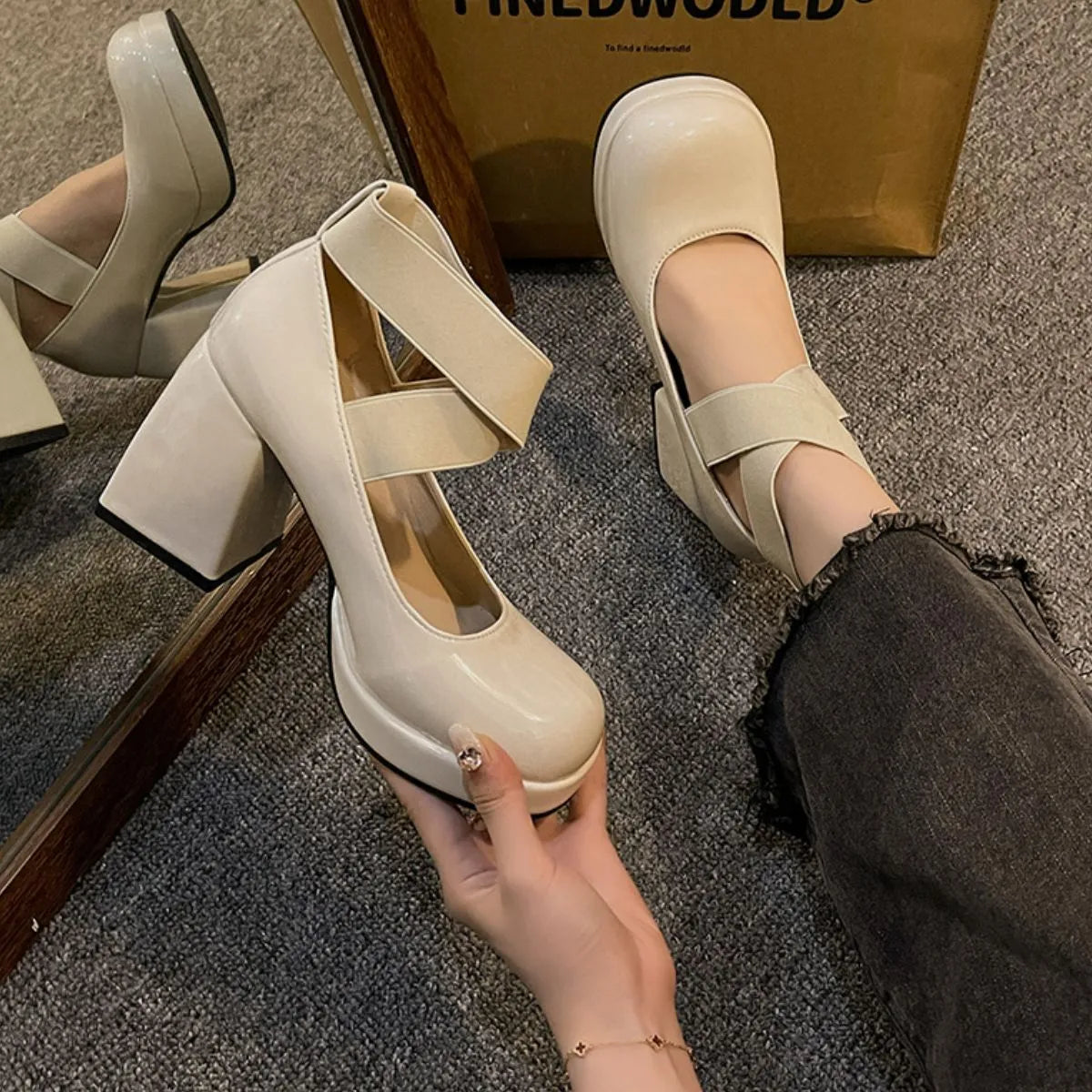 Square Toe Block Heels Pumps Beige