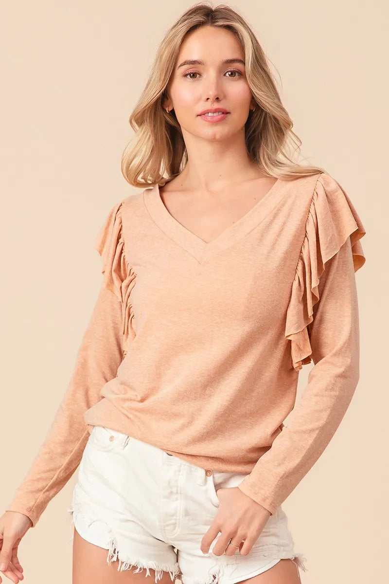 BiBi Triblend V Neck Top with Shoulder Shrring Detail