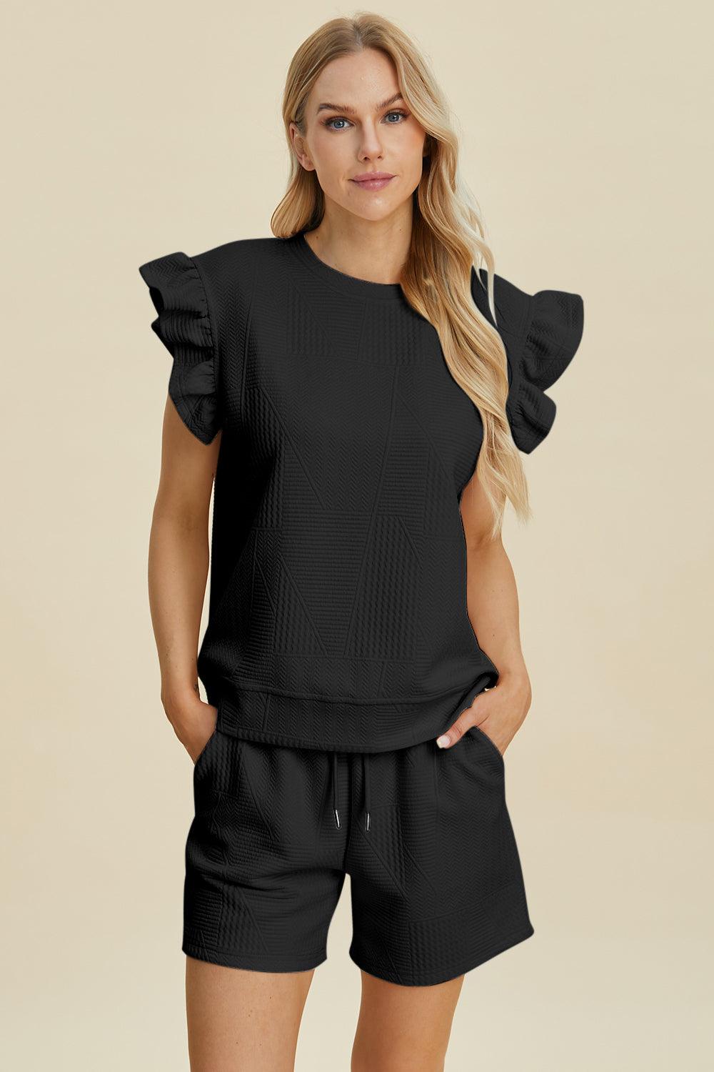 Double Take Full Size Texture Round Neck Ruffle Sleeve Top and Shorts Set Black
