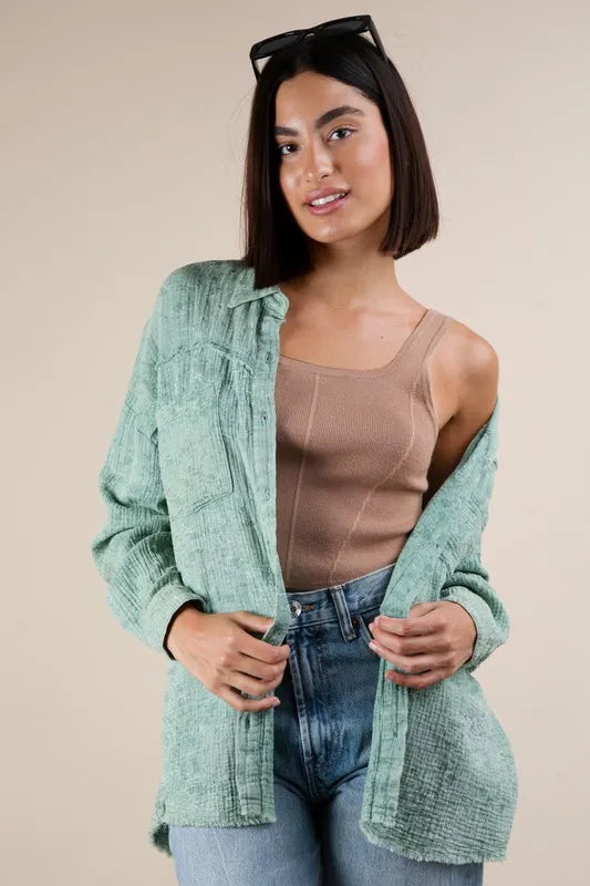 VERY J Mineral Washed Gauze Button Down Shirt