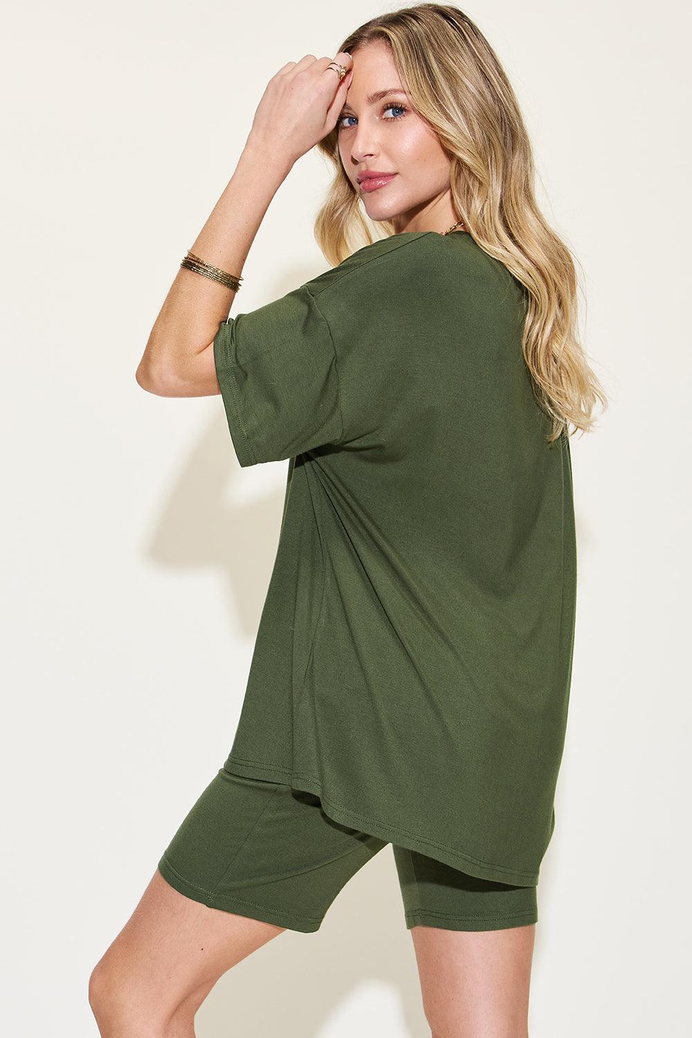 Basic Bae V-Neck T-Shirt and Shorts Set - Full Size Drop Shoulder Outfit