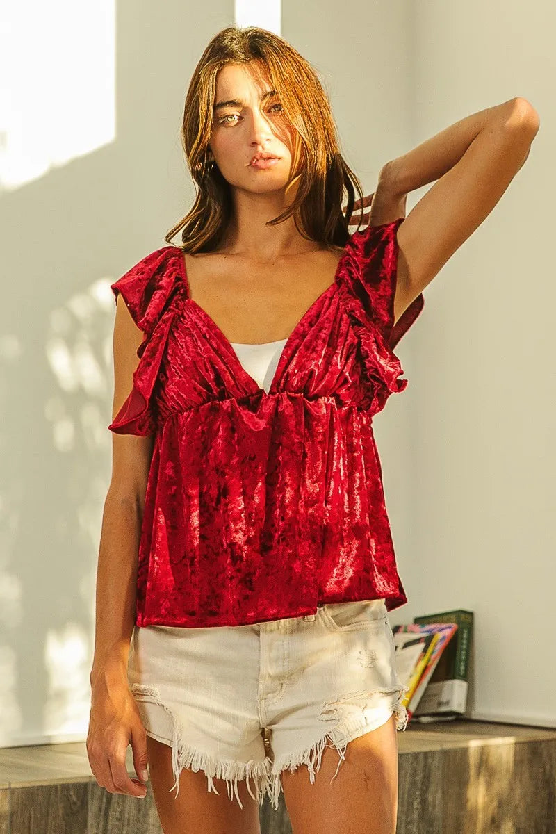 BiBi Ruffled Cap Crush Velvet Peplum Top
