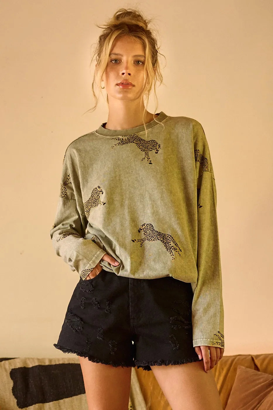 Mittoshop Mineral Wash Cheetah Print Long Sleeve Top SAGE