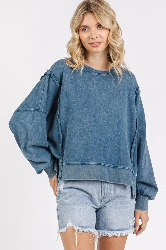 Mittoshop Side Slit Exposed Seam Round Neck Sweatshirt Peacock Blue
