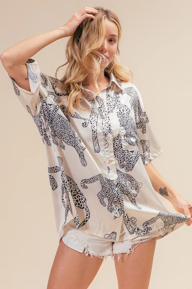 BiBi Leopard Print Short Sleeve Silky Satin Shirt Top