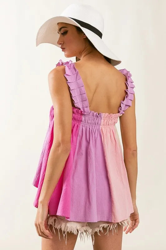BiBi Frill Shoulder Strap Color Block Bodice Top