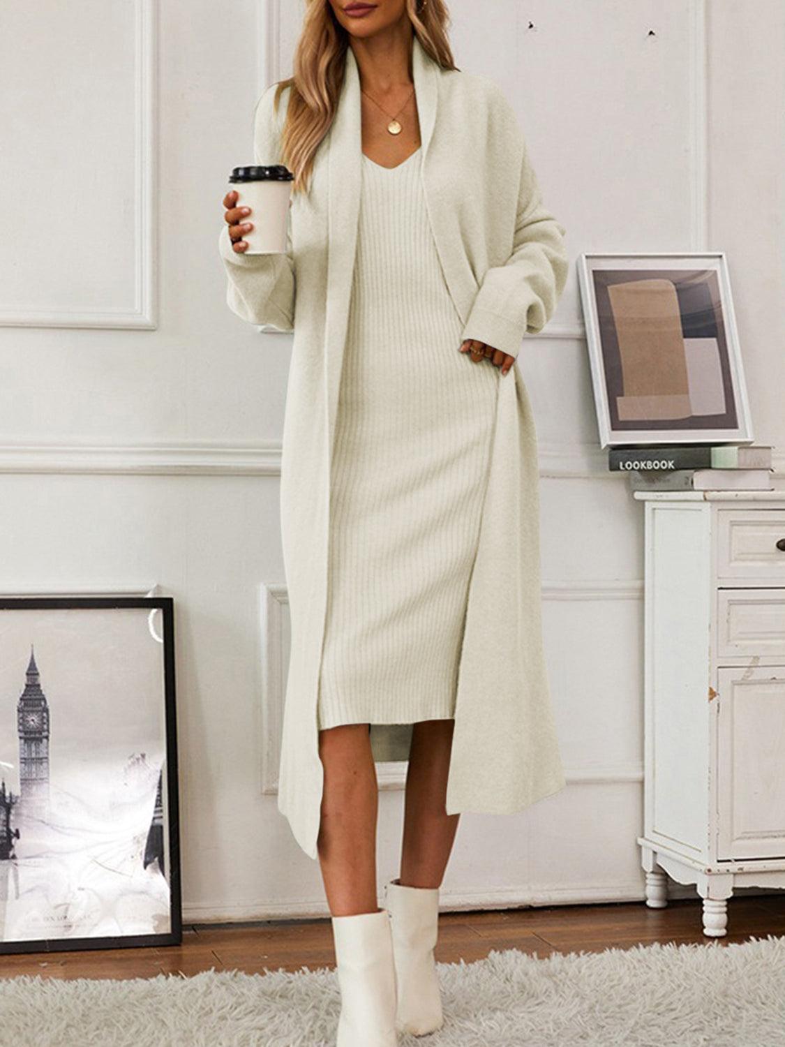 V-Neck Cami Dress and Open Front Cardigan Sweater Set Cream One Size
