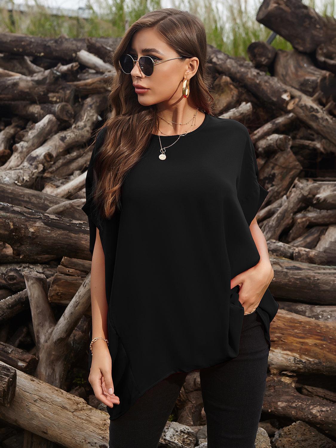 Perfee Round Neck Short Sleeve T-Shirt Black One Size