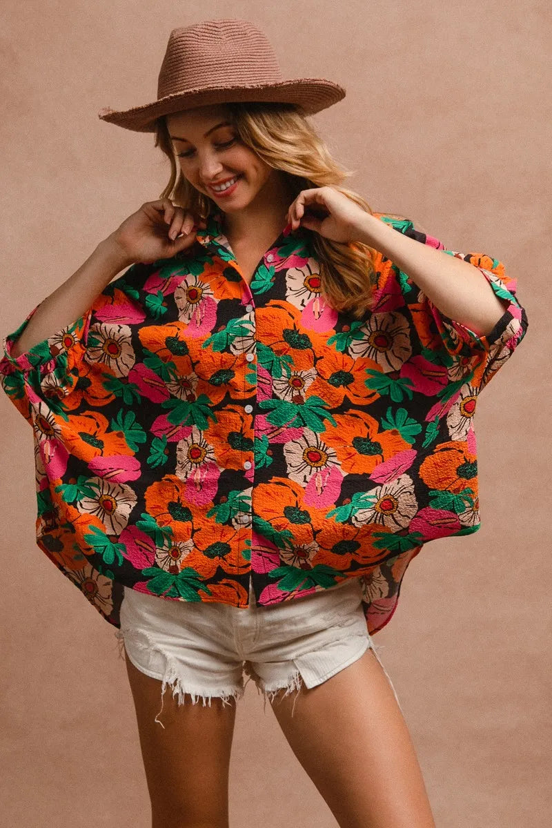 BiBi Floral Print Soft Crinkle Short Dolman Sleeves Blouse