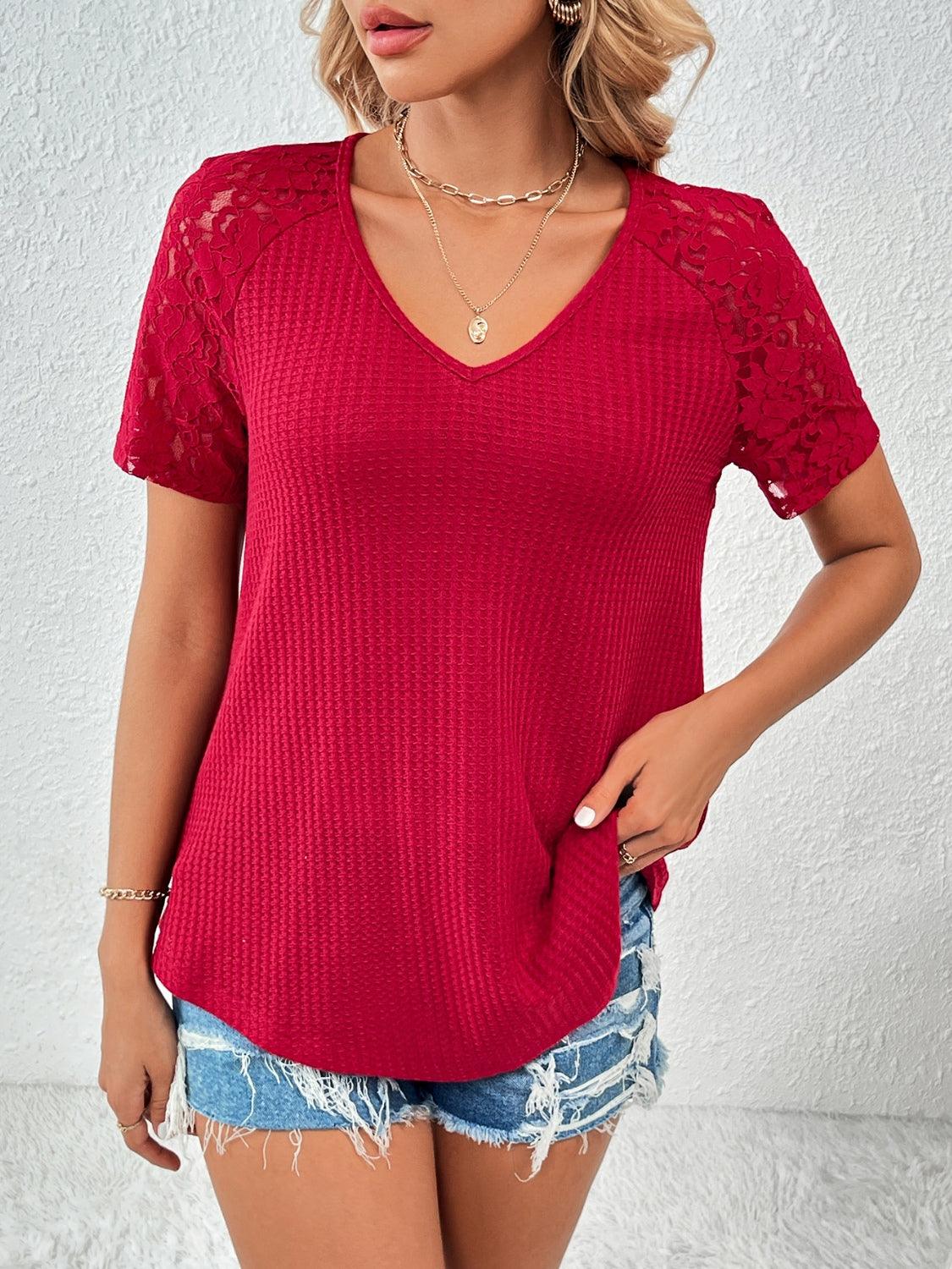 Ivy Lane Lace Detail V-Neck Short Sleeve T-Shirt Scarlet