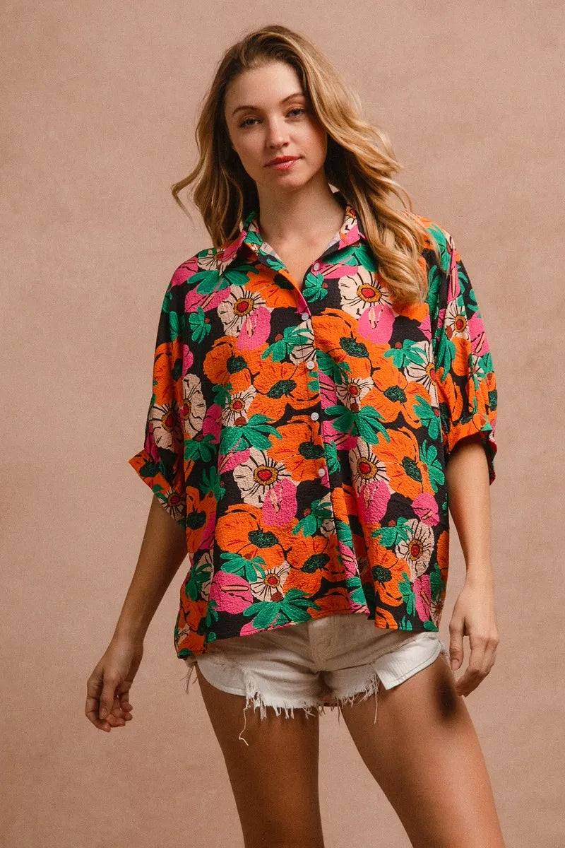 BiBi Floral Print Soft Crinkle Short Dolman Sleeves Blouse