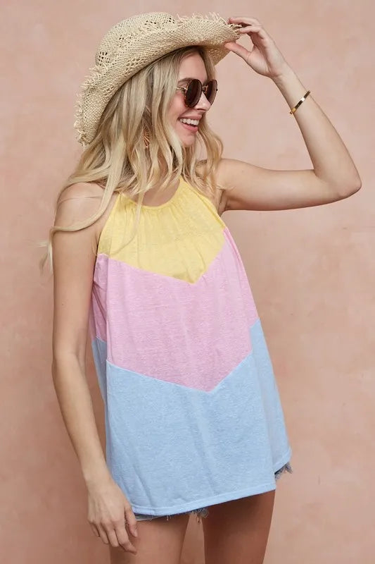 BiBi Triblend Knit Color Block Halter Neck Top
