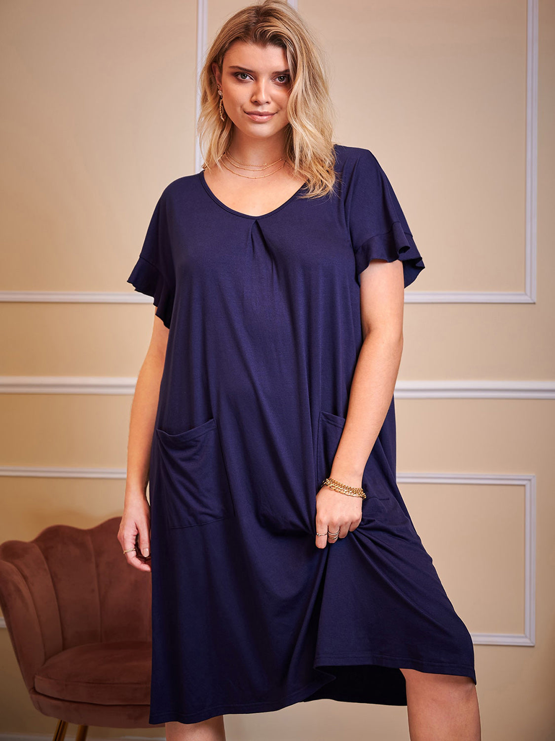 Plus Size Round Neck Short Sleeve Lounge Dress Dark Navy